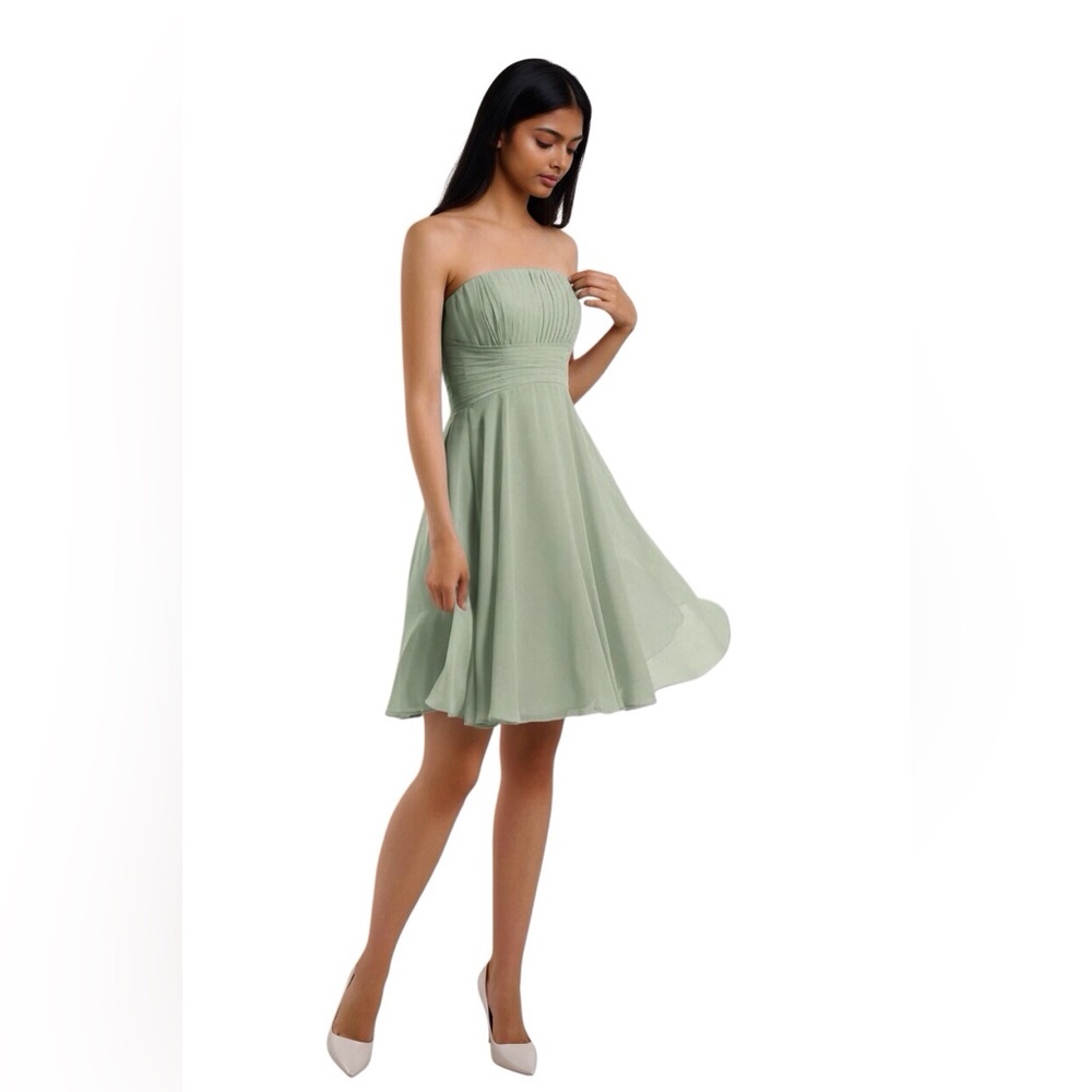 B2 Dusty sage green chiffon strapless knee length bridesmaid/formal women size 6
